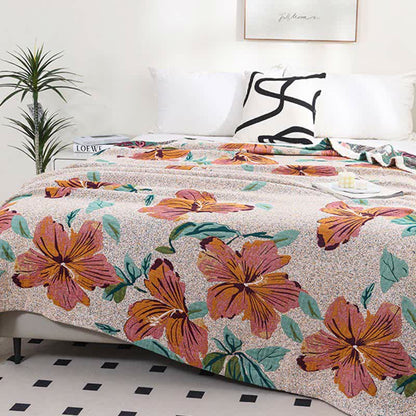 Couette réversible en gaze de coton à motif jacquard et motif fleur de pêcher