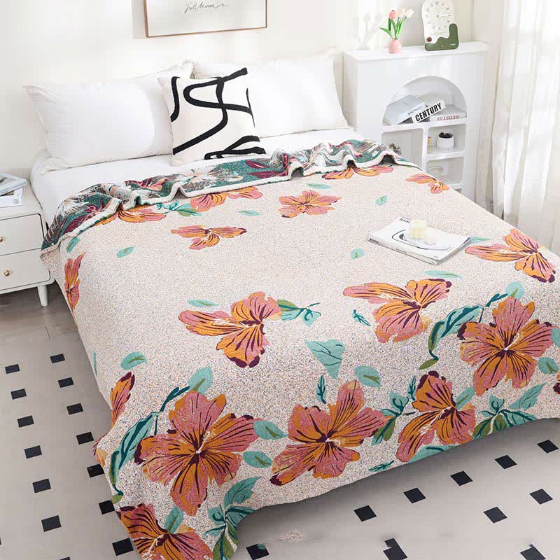 Couette réversible en gaze de coton à motif jacquard et motif fleur de pêcher