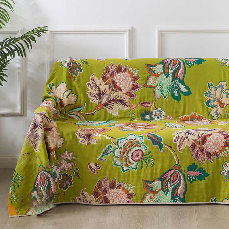 Couverture réversible colorée et florale en gaze de coton