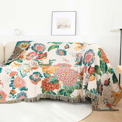 Couette réversible en gaze de coton multicouche avec motif floral et pompons