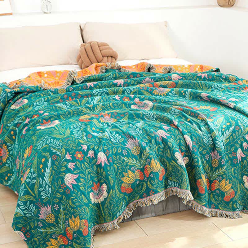 Couette réversible en gaze de coton avec pompons floraux