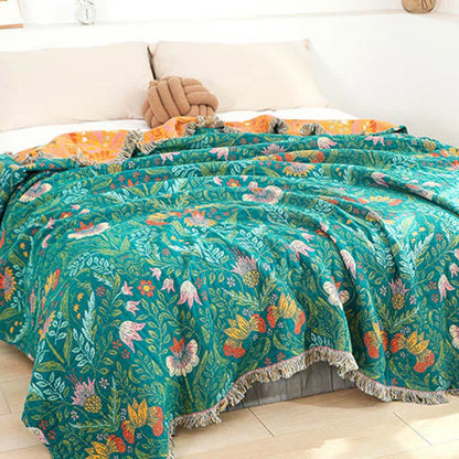 Couette réversible en gaze de coton avec pompons floraux