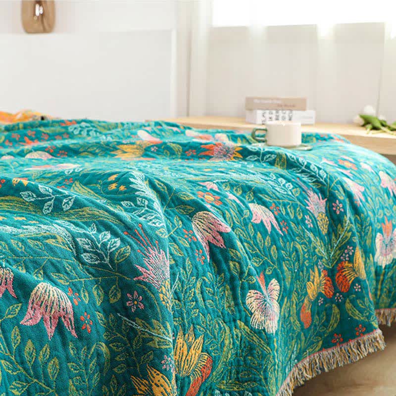 Couette réversible en gaze de coton avec pompons floraux