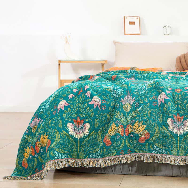 Couette réversible en gaze de coton avec pompons floraux