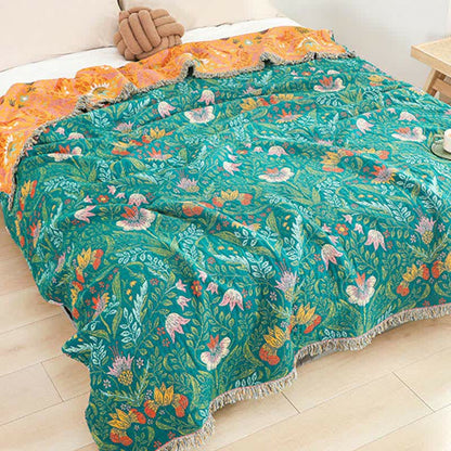 Couette réversible en gaze de coton avec pompons floraux