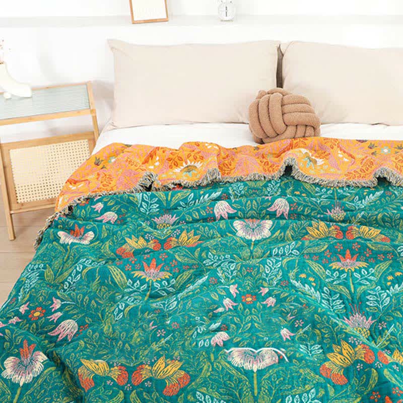 Couette réversible en gaze de coton avec pompons floraux