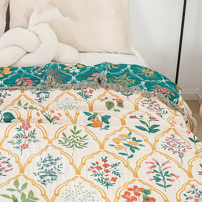 Couette réversible en gaze de coton à motif losanges et fleurs