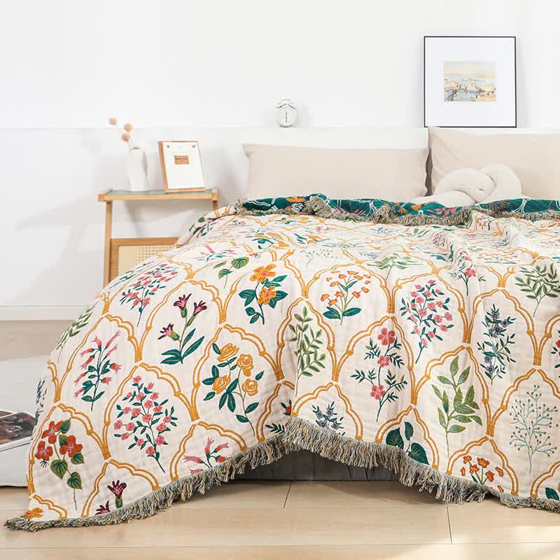 Couette réversible en gaze de coton à motif losanges et fleurs