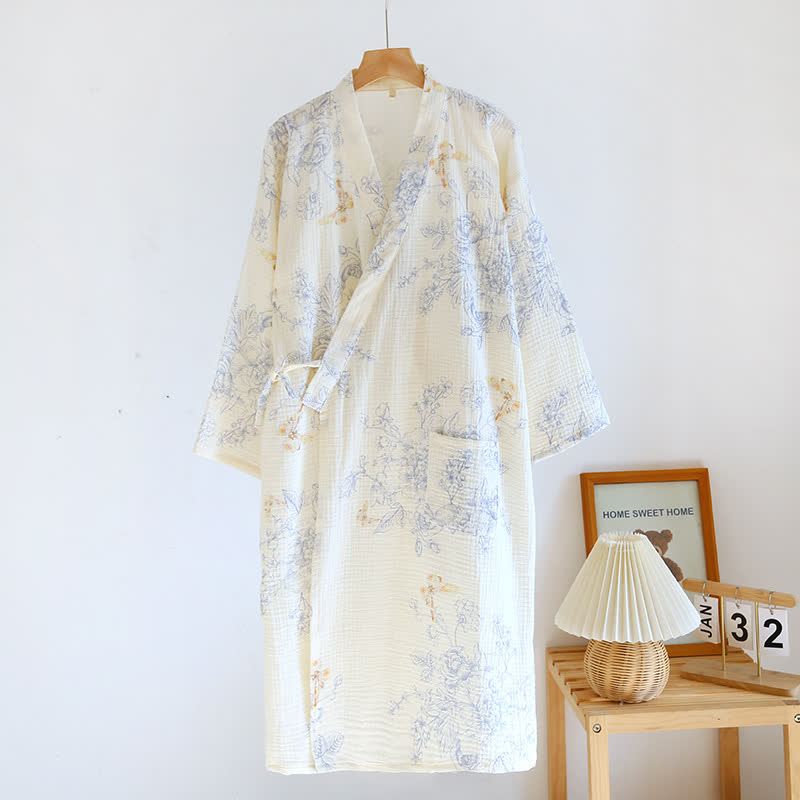 Pyjama peignoir en gaze de coton avec fleurs et papillons