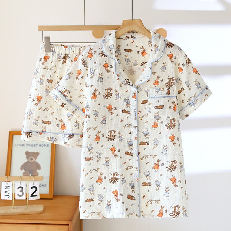 Ensemble de vêtements d'intérieur à manches courtes en gaze de coton imprimé lapin