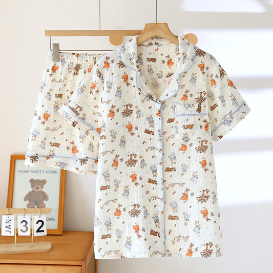 Ensemble de vêtements d'intérieur à manches courtes en gaze de coton imprimé lapin