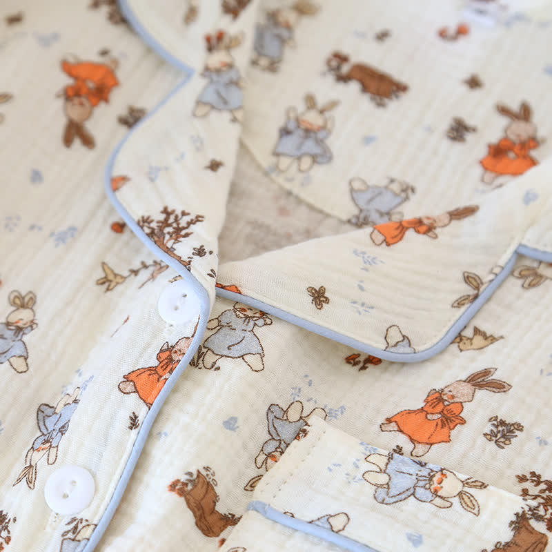 Ensemble de vêtements d'intérieur à manches courtes en gaze de coton imprimé lapin