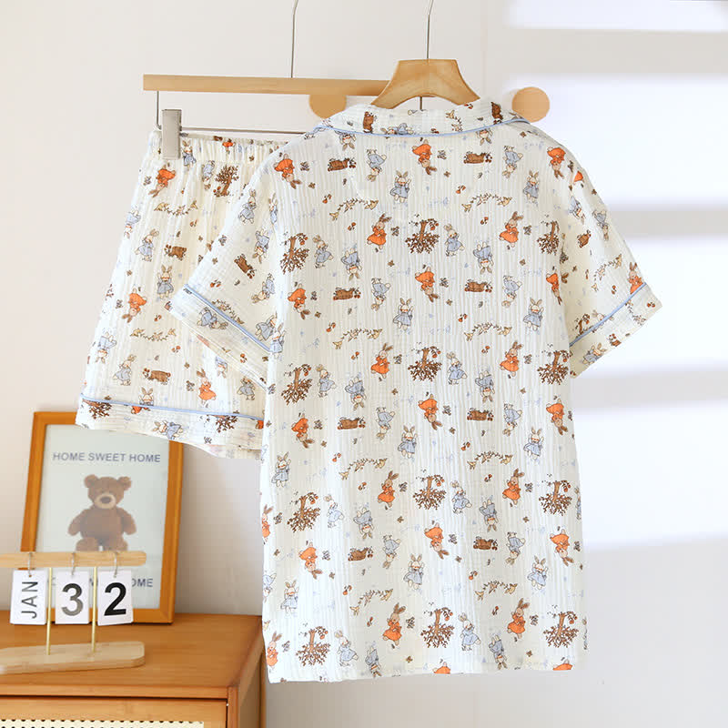 Ensemble de vêtements d'intérieur à manches courtes en gaze de coton imprimé lapin