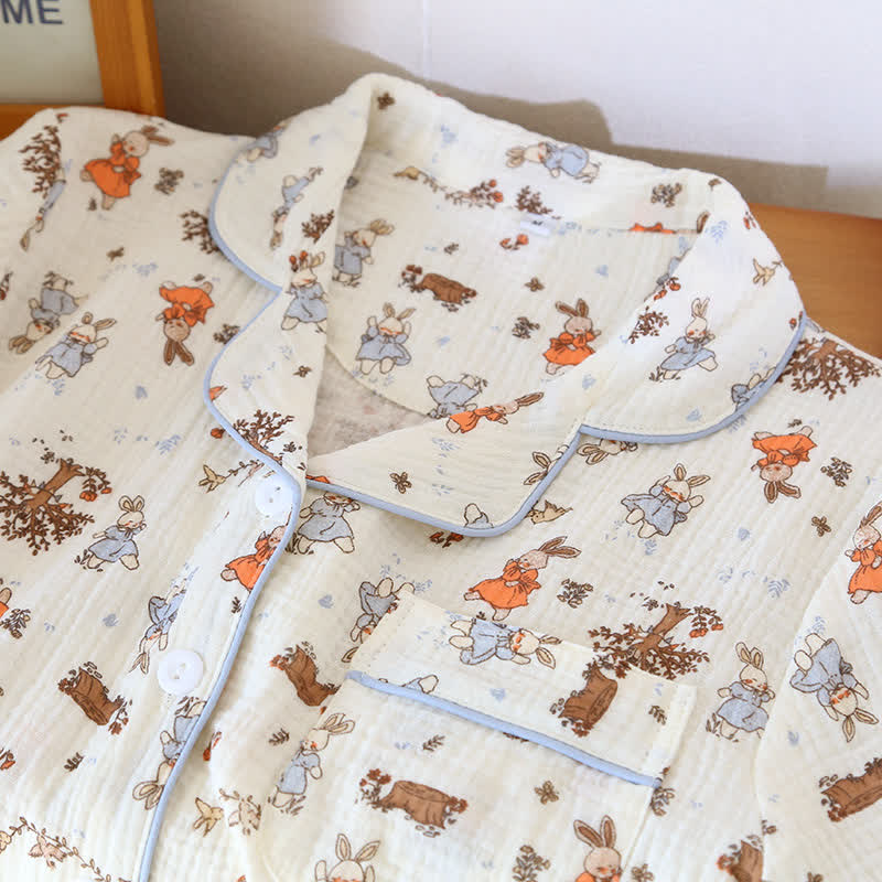 Ensemble de vêtements d'intérieur à manches courtes en gaze de coton imprimé lapin