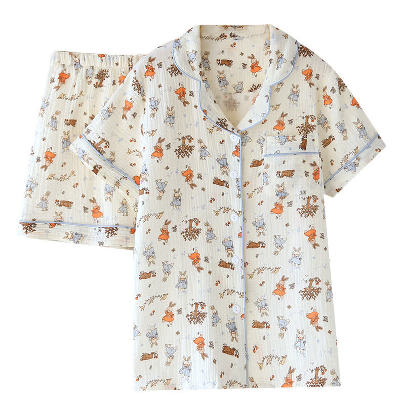Ensemble de vêtements d'intérieur à manches courtes en gaze de coton imprimé lapin