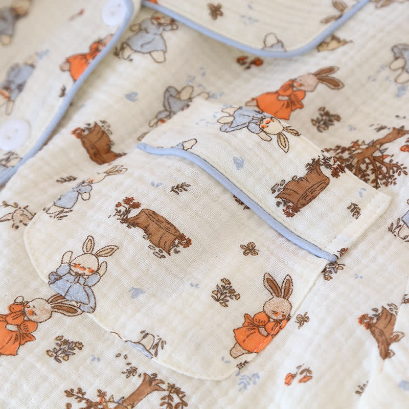Ensemble de vêtements d'intérieur à manches courtes en gaze de coton imprimé lapin