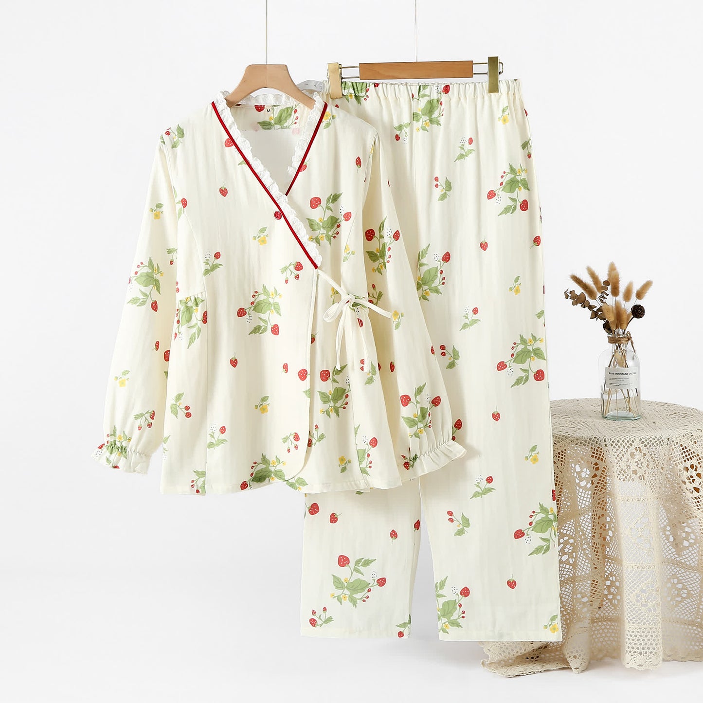 Ensemble pyjama en gaze de coton à imprimé fraise