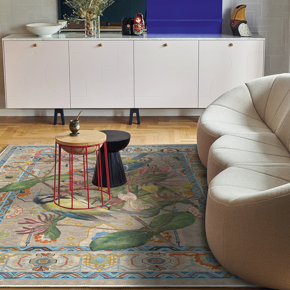 Tapis hydrofuge et lavable avec motif de fleurs et d'oiseaux