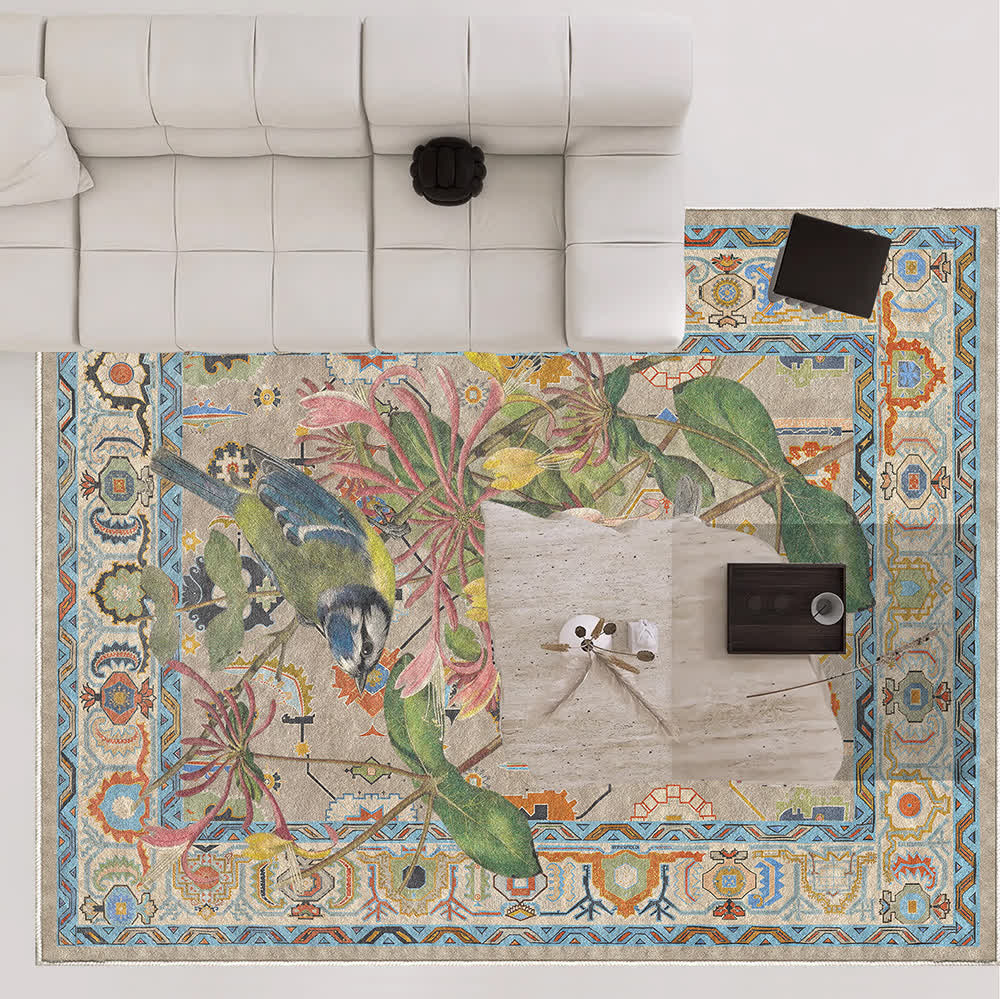 Tapis hydrofuge et lavable avec motif de fleurs et d'oiseaux