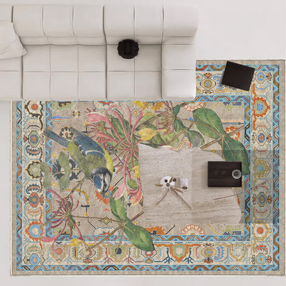 Tapis hydrofuge et lavable avec motif de fleurs et d'oiseaux