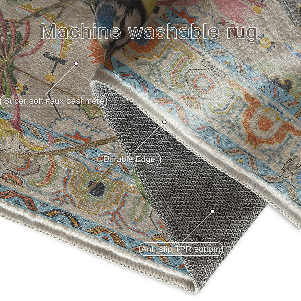 Tapis hydrofuge et lavable avec motif de fleurs et d'oiseaux