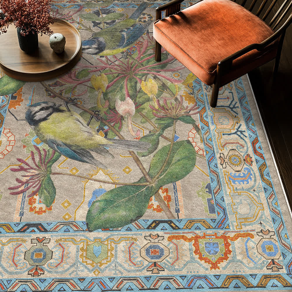 Tapis hydrofuge et lavable avec motif de fleurs et d'oiseaux