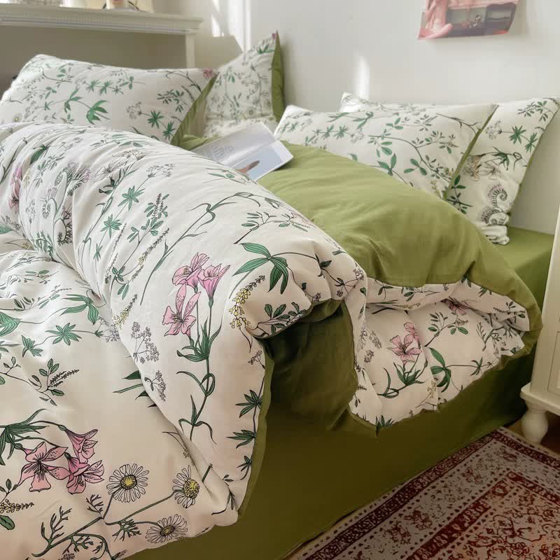 Parure de lit en coton avec branches florales (4 pièces)
