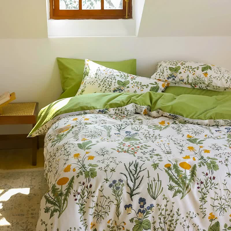 Parure de lit en coton avec branches florales (4 pièces)