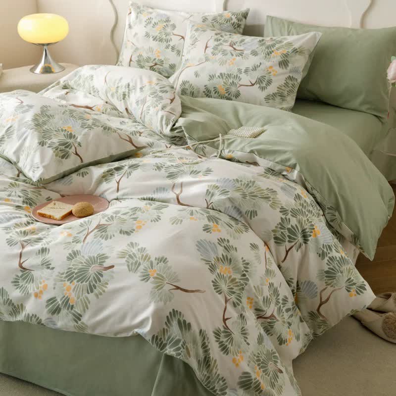Parure de lit en coton à imprimé botanique frais (4 pièces)