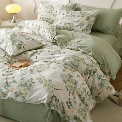 Parure de lit en coton à imprimé botanique frais (4 pièces)