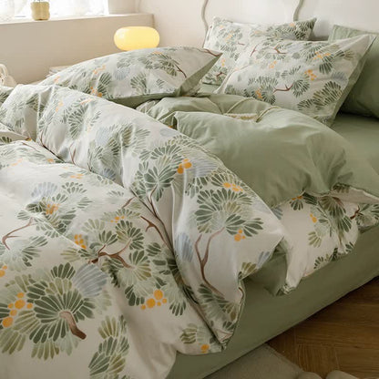 Parure de lit en coton à imprimé botanique frais (4 pièces)