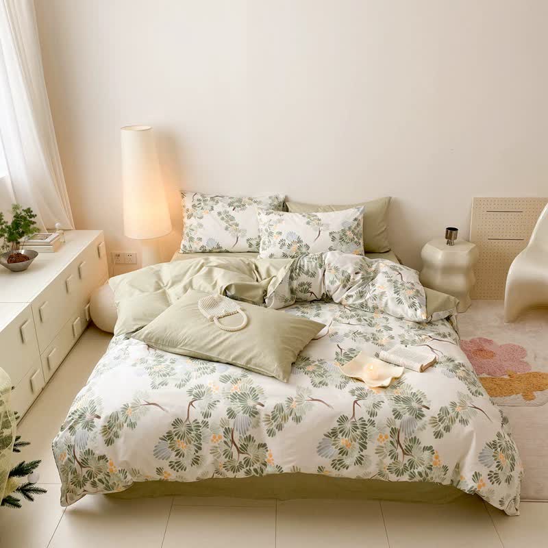 Parure de lit en coton à imprimé botanique frais (4 pièces)