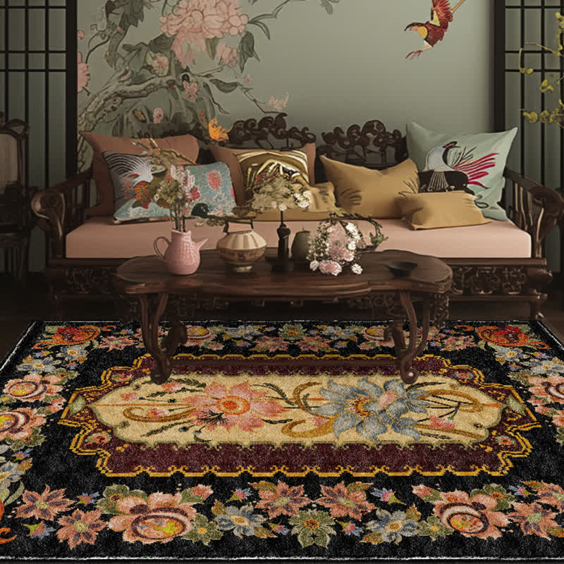 Tapis antidérapant lavable et durable de style vintage avec motif floral