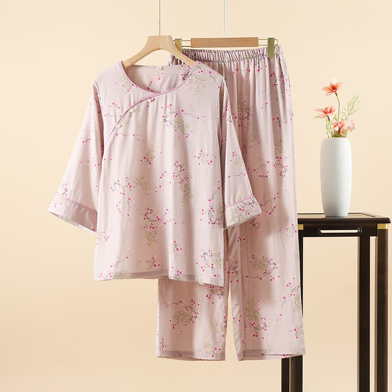 Ensemble pyjama en coton et bambou avec imprimé fleur de prunier vintage