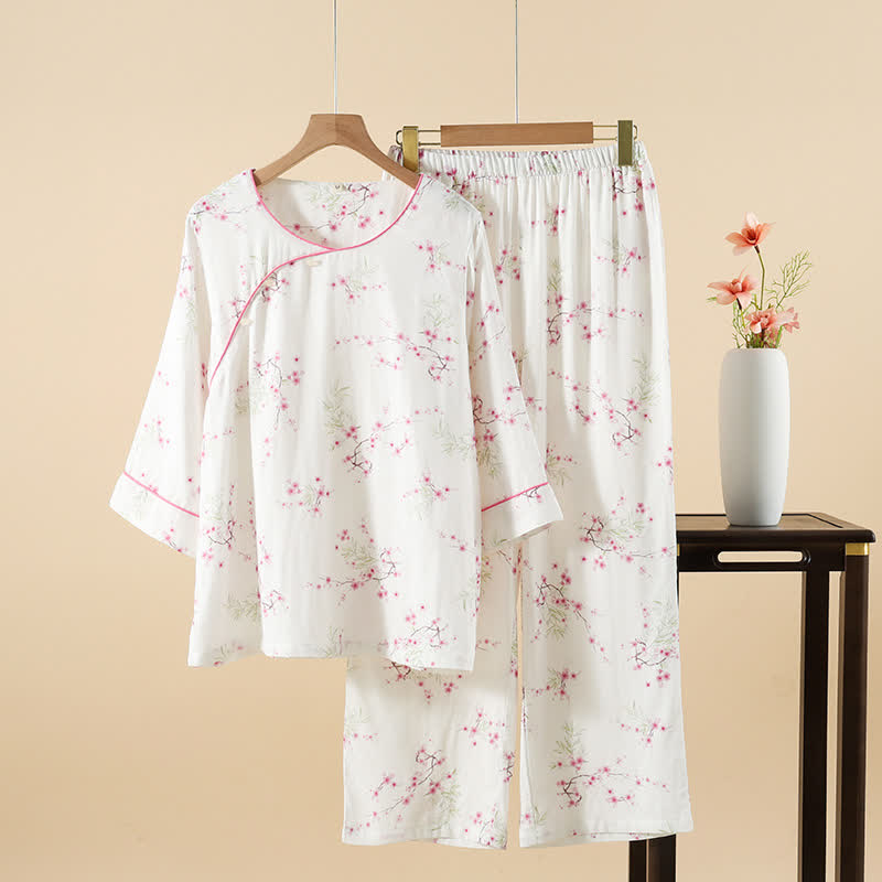 Ensemble pyjama en coton et bambou avec imprimé fleur de prunier vintage