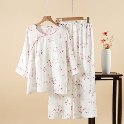 Ensemble pyjama en coton et bambou avec imprimé fleur de prunier vintage