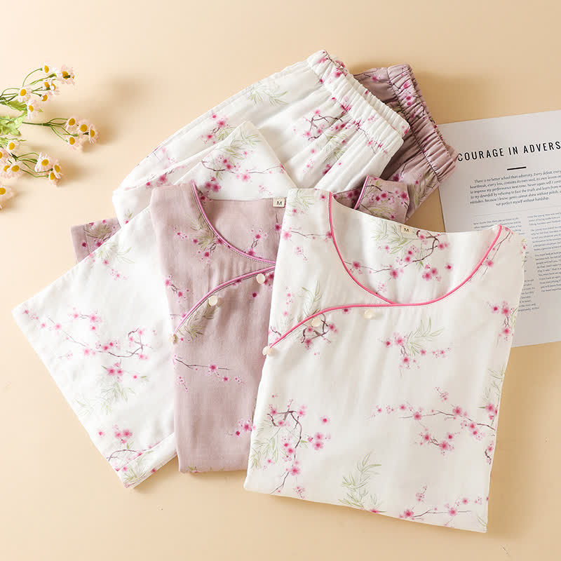 Ensemble pyjama en coton et bambou avec imprimé fleur de prunier vintage