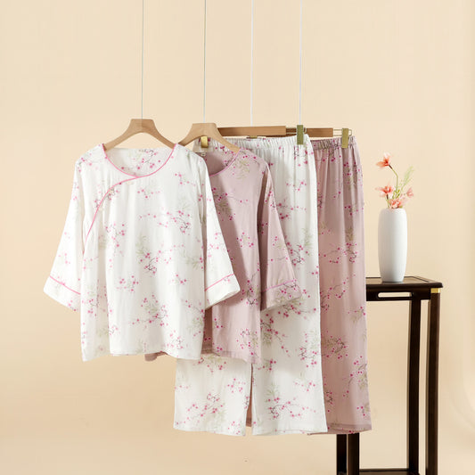 Ensemble pyjama en coton et bambou avec imprimé fleur de prunier vintage