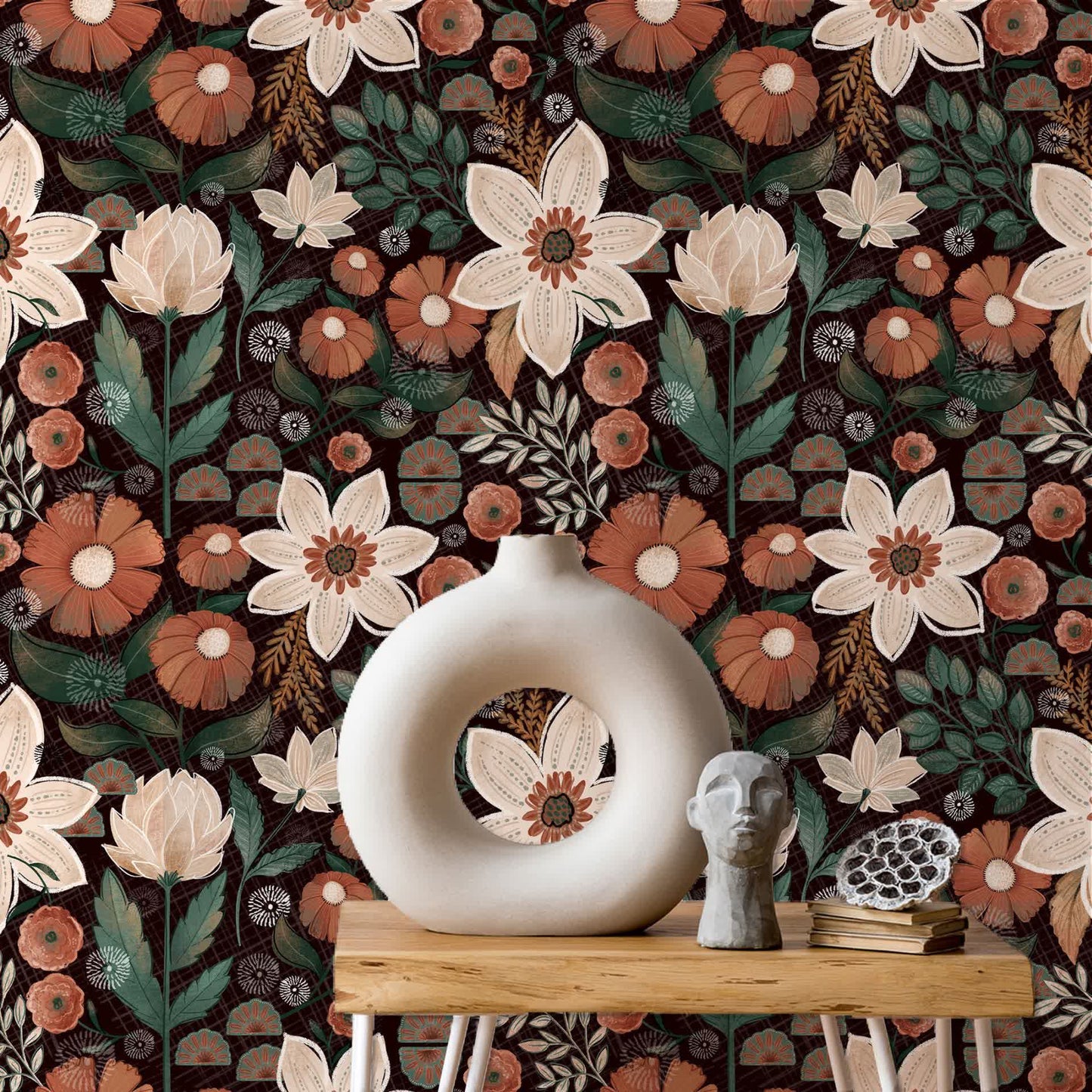 Papier peint floral bohème amovible à faire soi-même