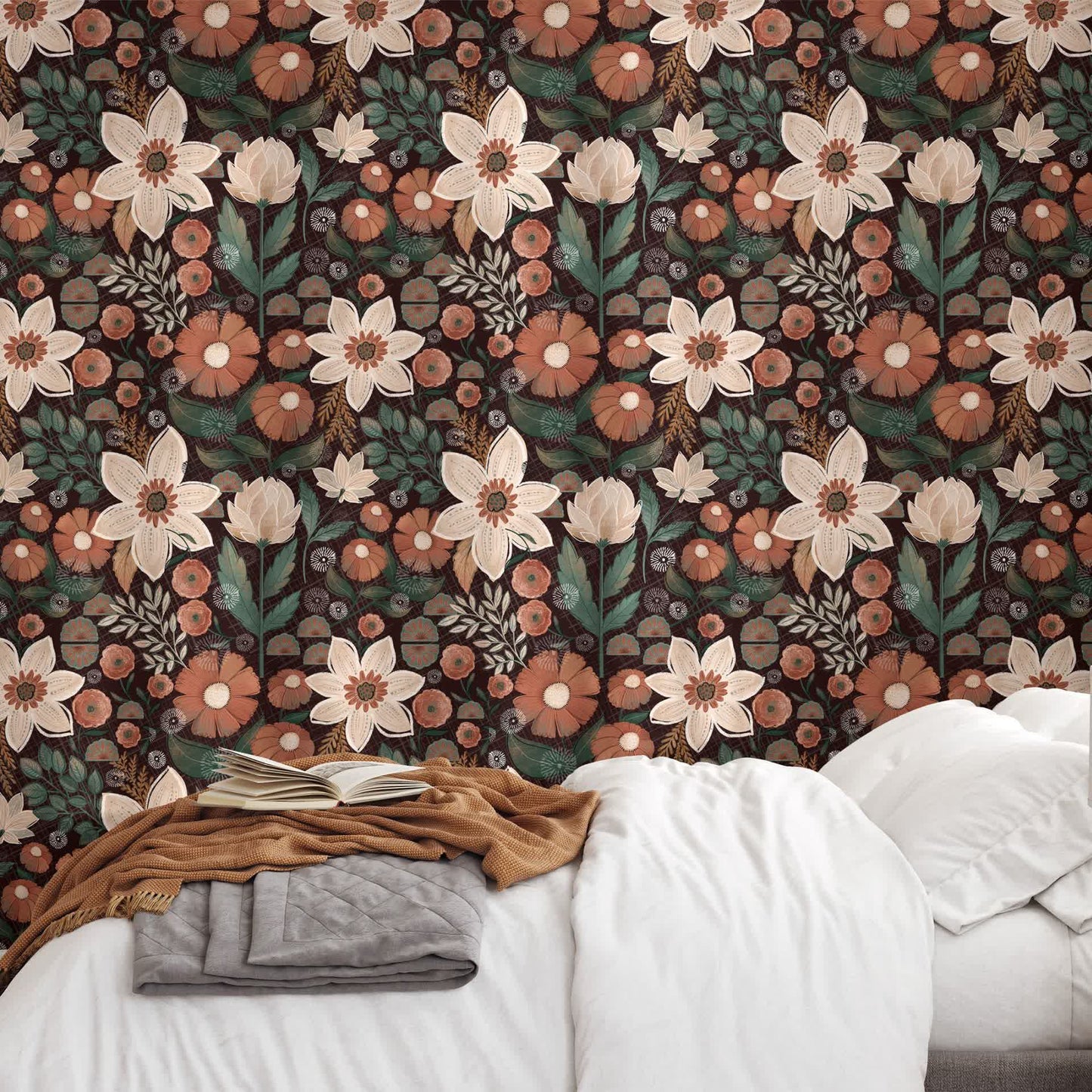 Papier peint floral bohème amovible à faire soi-même