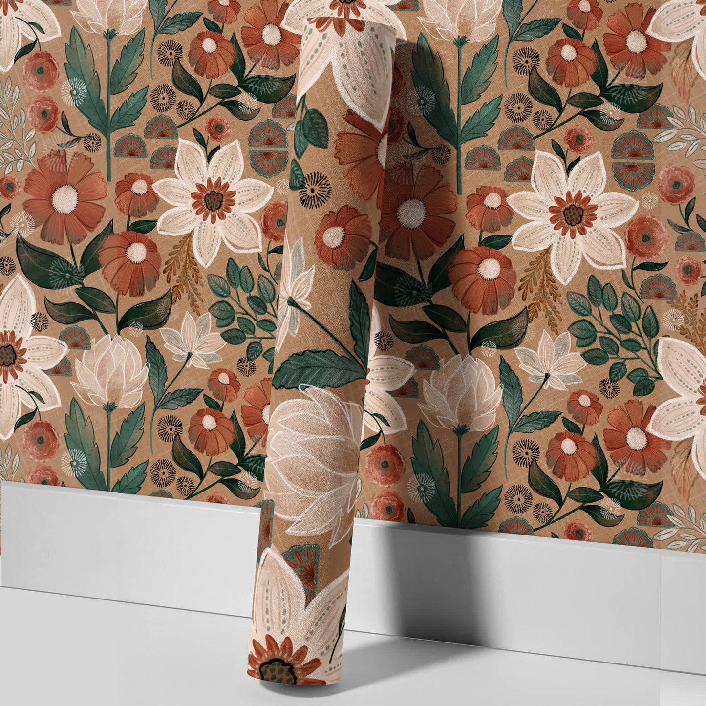 Papier peint floral bohème amovible à faire soi-même