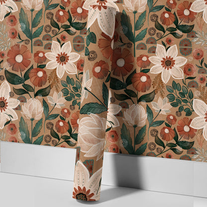Papier peint floral bohème amovible à faire soi-même