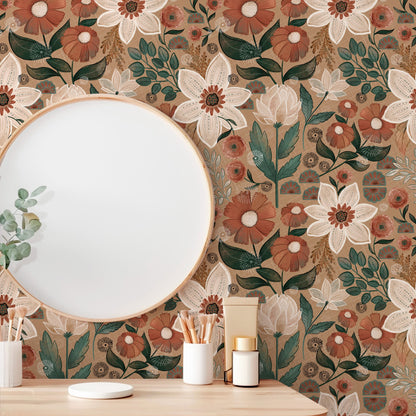 Papier peint floral bohème amovible à faire soi-même