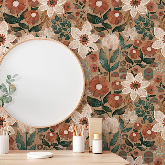 Papier peint floral bohème amovible à faire soi-même