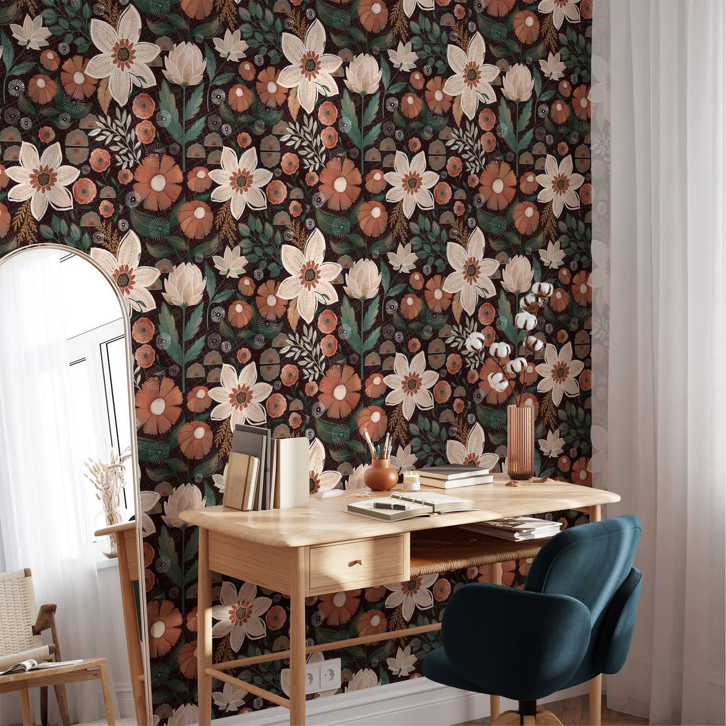 Papier peint floral bohème amovible à faire soi-même