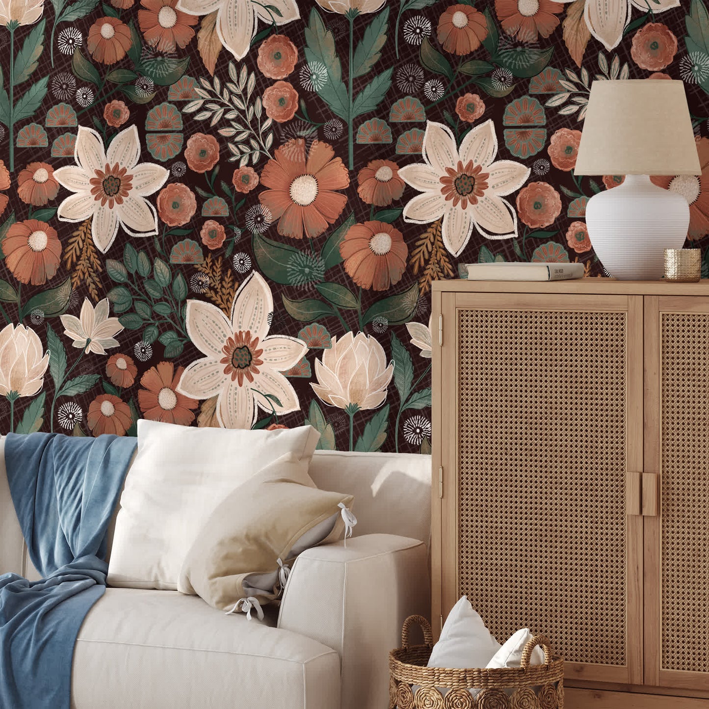 Papier peint floral bohème amovible à faire soi-même