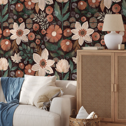 Papier peint floral bohème amovible à faire soi-même