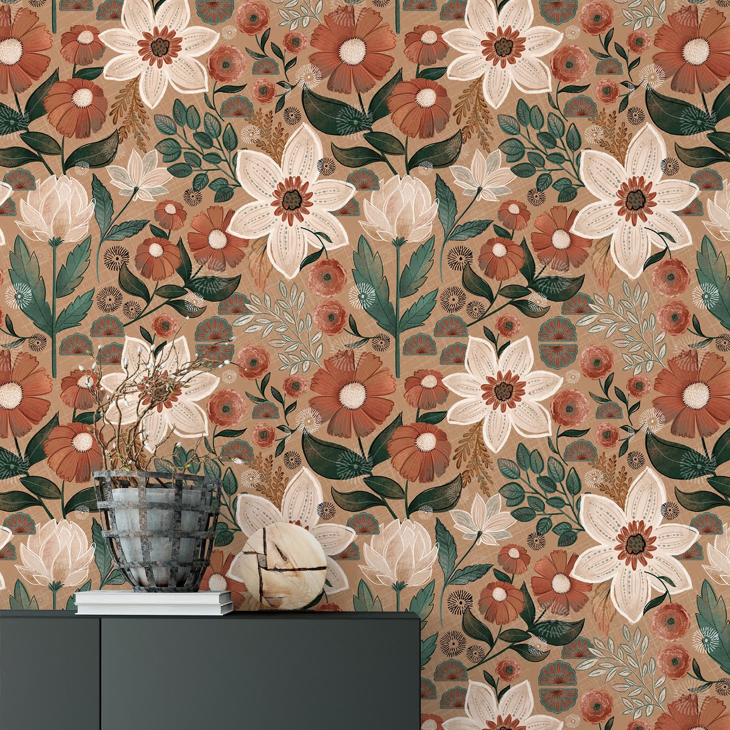 Papier peint floral bohème amovible à faire soi-même