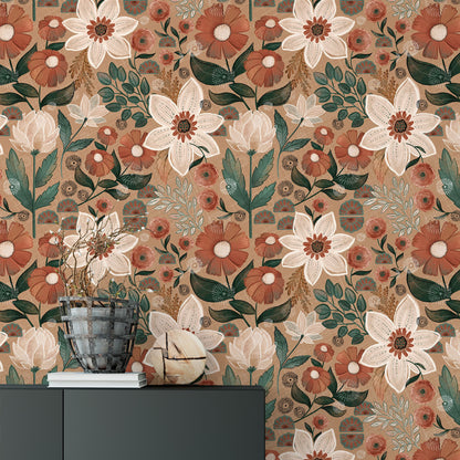 Papier peint floral bohème amovible à faire soi-même