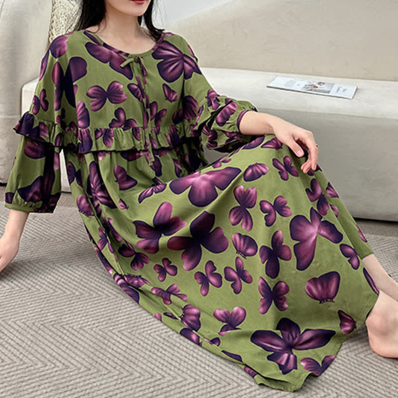 Chemise de nuit grande taille à col rond et motif papillon